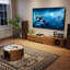 Meuble télé 78,75 po –106,3 po de style Mid-Century avec lumières DEL, console média avec plateau en travertin mat, console de couleur noyer et blanche avec rangement-1973325415