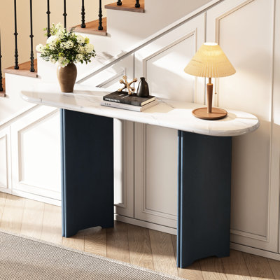 Table d'appoint avec surface ovale en faux marbre et fabrication en bois avec console blanche Pieds élégants et stables pour l'entrée du salon (blanc