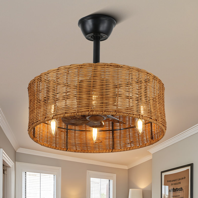 18" Boho Rattan Caged Ceiling Fan with Lights and Remote Control, Quiet DC Motor, 6-Speed and Timer