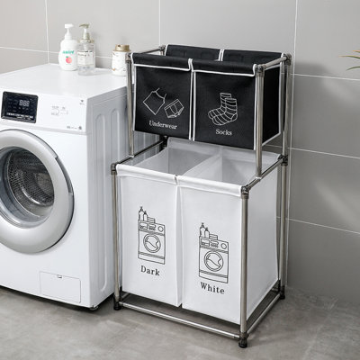 Laundry Basket 2 Tier, 4 Removable Labeled Bags, Four Wheels, Strong Frame, Separate And Dark Garments Tier Sorter With Easy To Move, Wear- Resilient