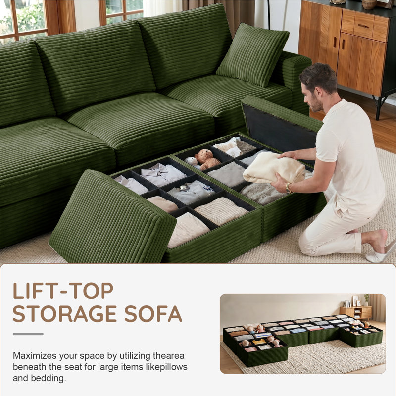 142"W U-Shaped Cloud Modular Sectional Sofa, Minimalist Corduroy Corner Sectional Couch, Extra Deep Seat with 2 Ottomans and Hidden Storage, Easy Mini Assembly, Ideal for Living Room
