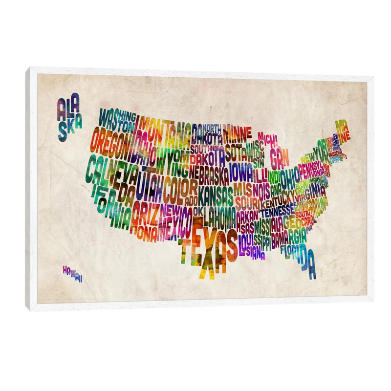 Typographic Text Usa (States) Map by Michael Tompsett - Print on Canvas, 66.04 cm H x 45.72 cm W, White Floater Framed