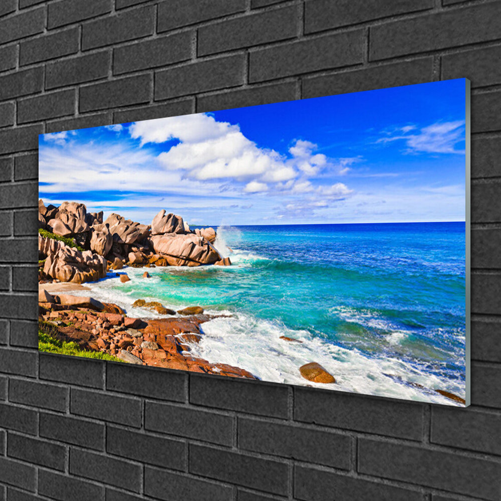 Glasbild Strand Felsen Meer Landschaft