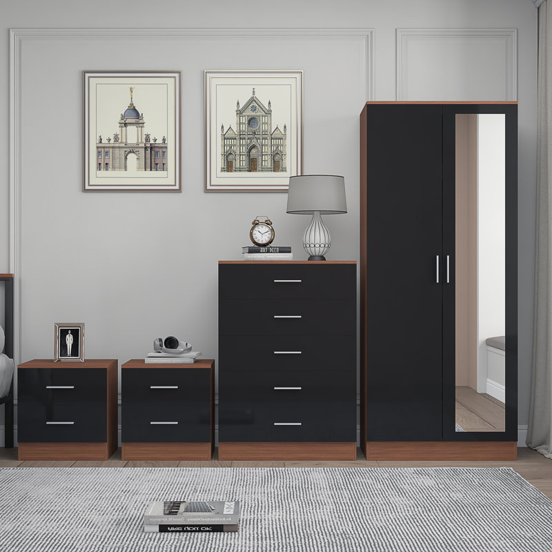 Eva Piece Bedroom Set, Black Gloss / Walnut