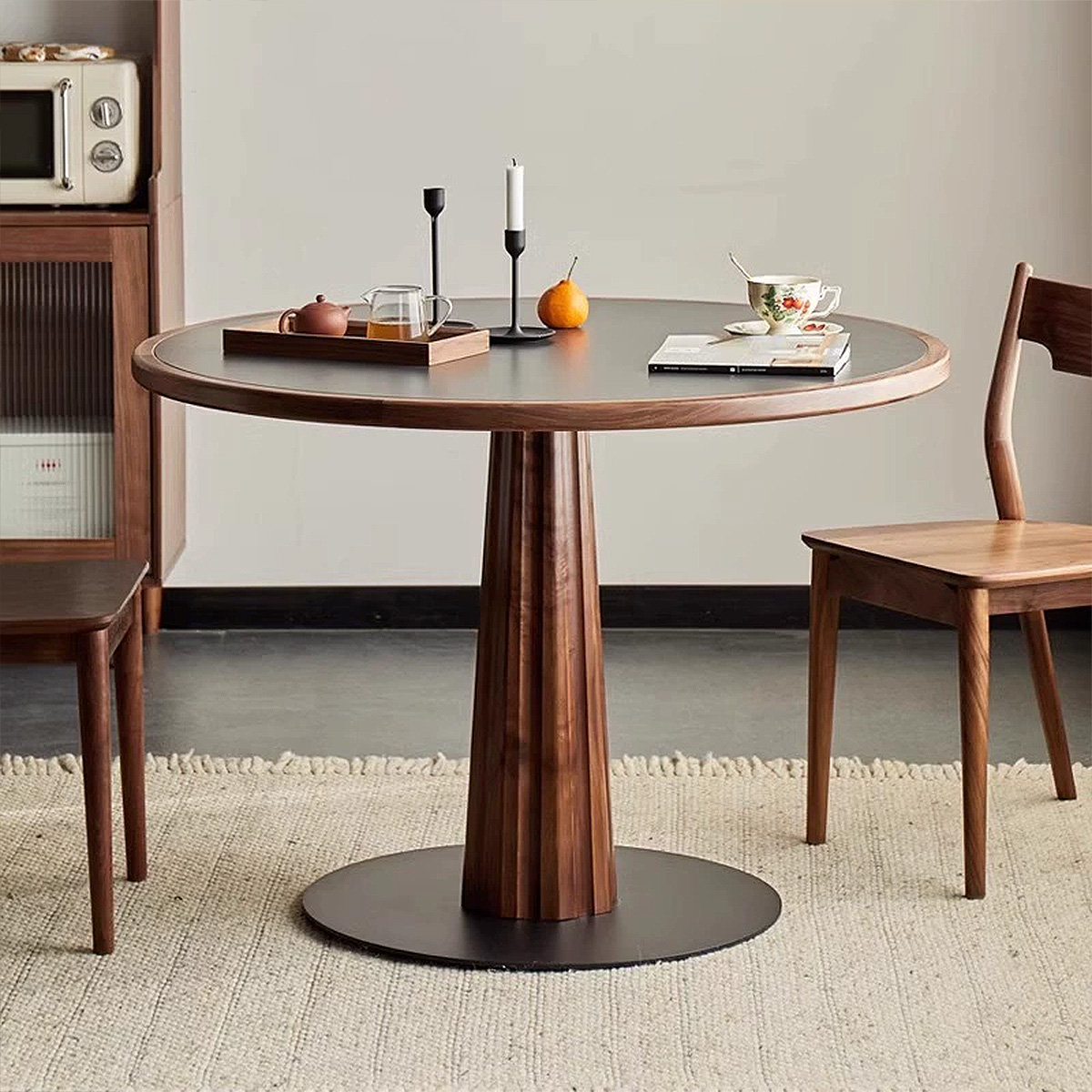 Corrigan Studio Walnut&Black Round Sintered Stone Dining table ...