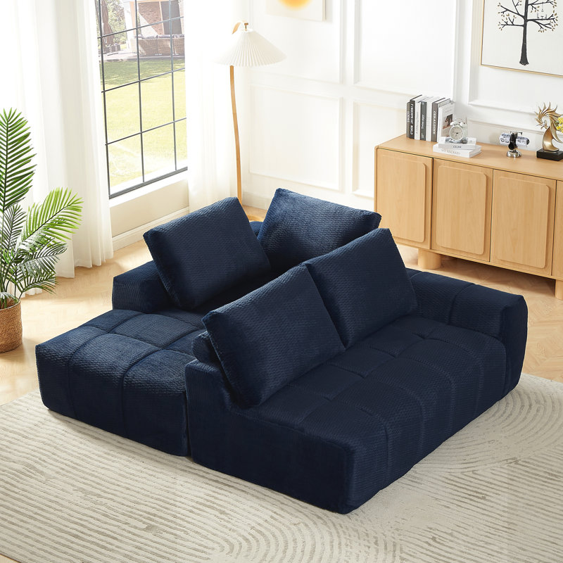 L-Shape Luxury Sectional Oversized Sofa, Left Hand Facing, Dark Blue Faux Fur