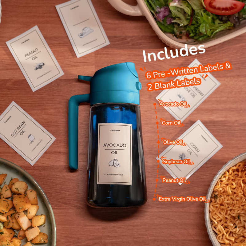 Vaporisateur d'huile d'olive en verre bleu 470 ml (16 oz) pour la cuisson - Distributeur d'huile d'olive 2 en 1 pour ustensiles de cuisine, friteuse à air chaud, salades et barbecue (1 paquet, noir et bleu marine)