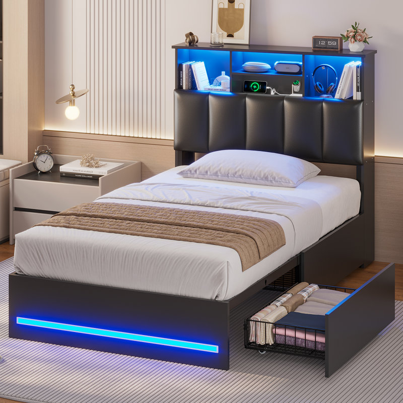 Cadre de lit simple avec tête de lit bibliothèque, cadre de lit en bois pour lit simple avec station de charge, 4 tiroirs de rangement et éclairage DEL, cadre de lit à DEL avec ports USB de type C et USB, sommier non requis, noir