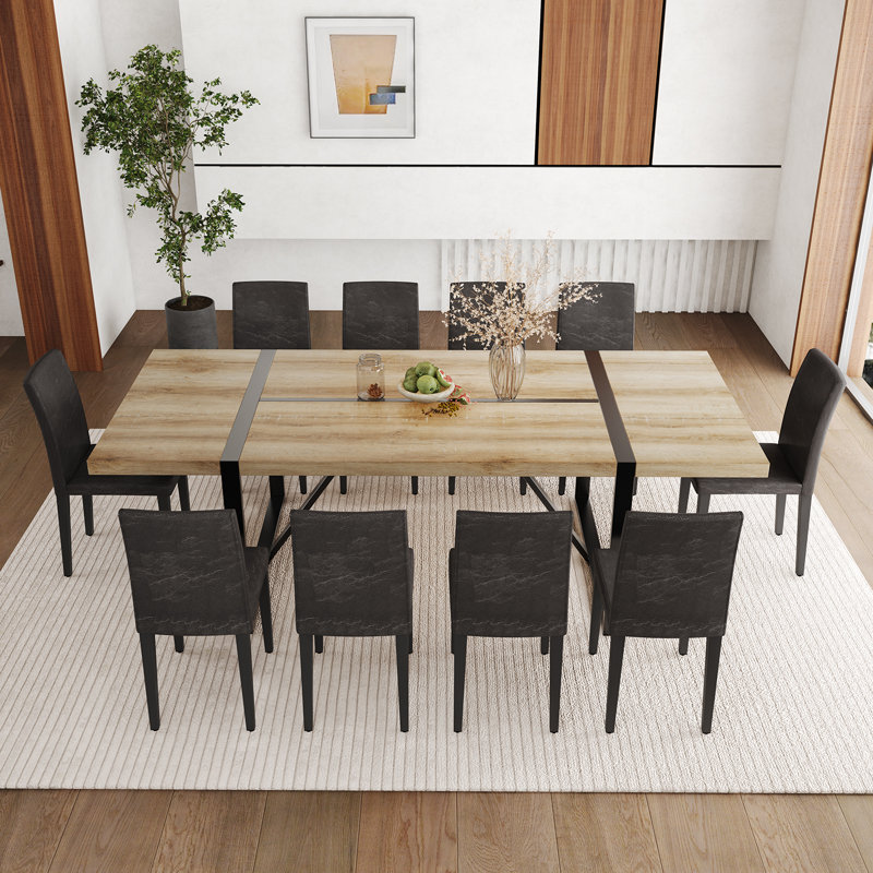 Ensemble de table de salle à manger en bois 87 po avec chaise rembourrée en cuir PU, 11 pièces: table, 10 chaises, Noir, Bois