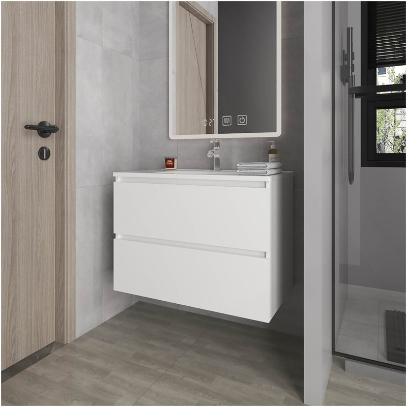 Meuble-lavabo flottant avec deux tiroirs et lavabo Smoot, blanc, Blanc
