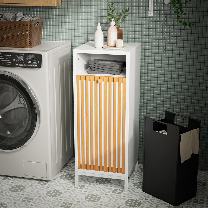 Armoire de salle de bain avec façade et panier en bambou - naturel / blanc