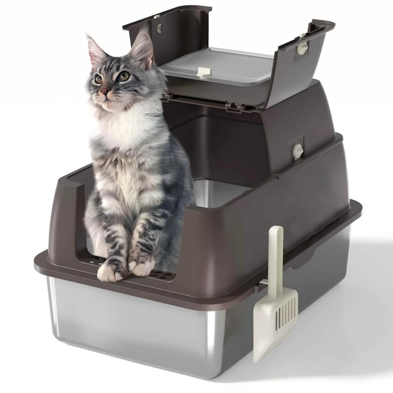 Bac à litière en acier inoxydable pour chat avec couvercle - 18 po de profondeur pour les gros chats, couvercle rabattable à 180 °, sans odeur et anti-fuite avec pelle