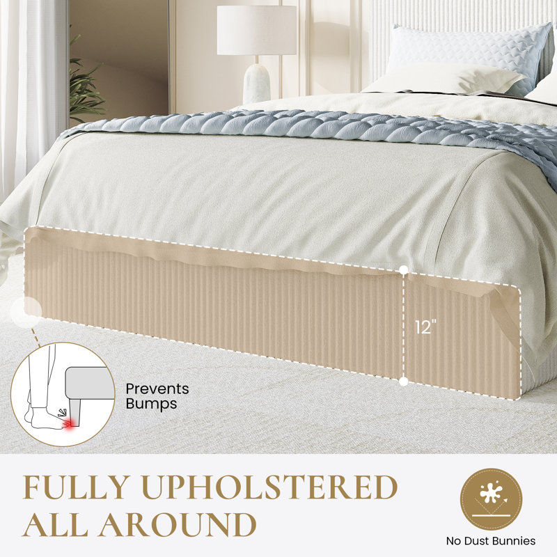 Modern Corduroy Fully Upholstered Platform Bed With Headboard, No-Dust Design, No Box Spring Needed, Full, White