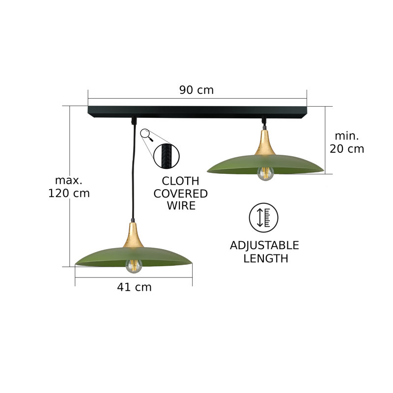 - Light Matte Black Dome Pendant, 120cm H x 110cm W x 41cm D, 2 Lights, Gold/Khaki