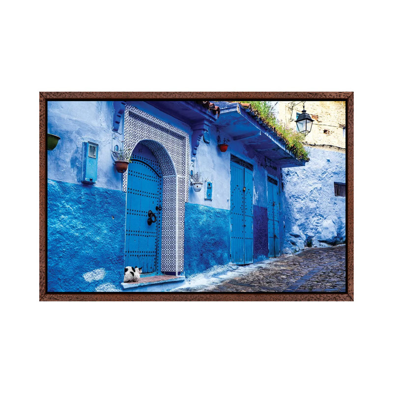 Chefchaouen, Morocco. Cat and Blue Door and Buildings 1 Piece Wall Art on Canvas, 66.04 cm H x 45.72 cm W