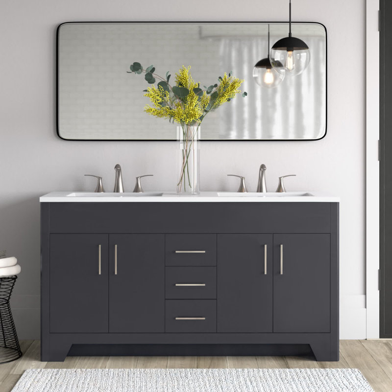 60.5" Double Bathroom Vanity With Cultured Marble Top, Cement