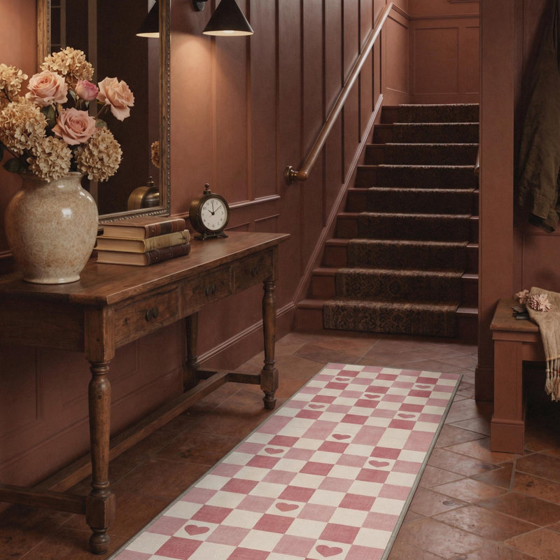 Tapis intérieur rose / beige lavable à la machine avec envers antidérapant Coady, Tapis de couloir 2 pi 3 po x 6 pi