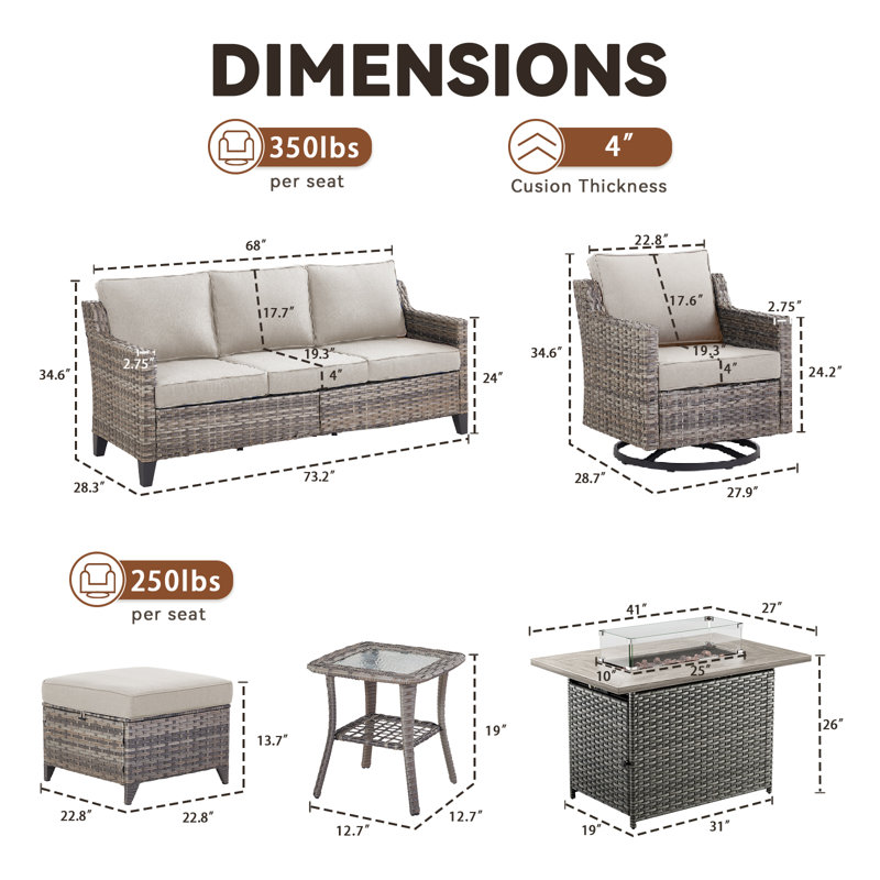 Ensemble de conversation d'extérieur en osier pour 5 personnes avec chaises pivotantes, table de foyer, repose-pieds et table d'appoint Arlene