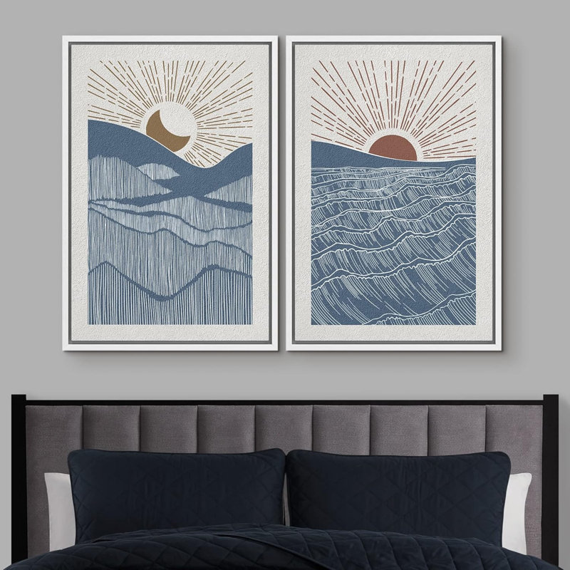 Soleil et lune, soleil brillant, croissant de lune, montagne, formes abstraites, œuvre d'art moderne, chambre bohème, Blanc