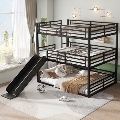 Queen over Queen over Queen Bunk Bed with Slide, Metal Triple Bunk Bed with Safety Guardrails, Heavy-duty Bunk Bed with Noise-reduced Design, Black