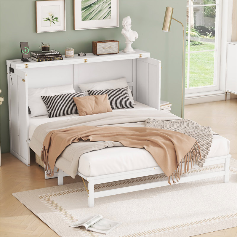 Solid Wood Murphy Bed Cabinet with Charging Station and Storage Drawer, White, Queen