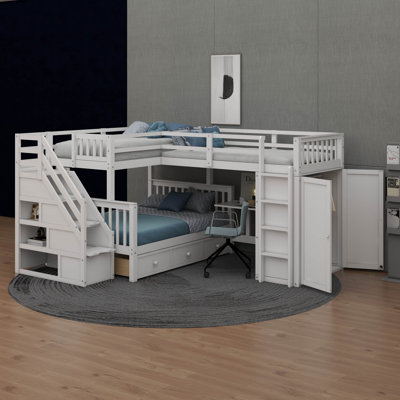 Lit superposé simple au-dessus d'un lit double en L avec 3 tiroirs, bureau mobile et garde-robe