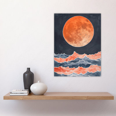 Large Orange Full Moon Over Ocean Waves Wall Art Print