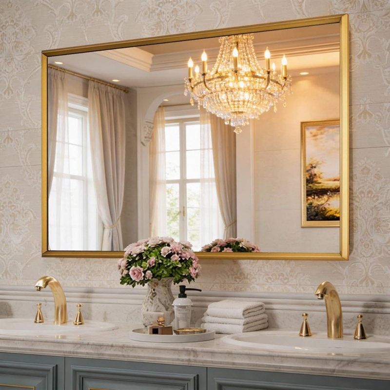 Modern Rectangular Bathroom Vanity Mirror with Beveled Edges | Stainless Steel Frame, 40" x 30", Brushed Gold
