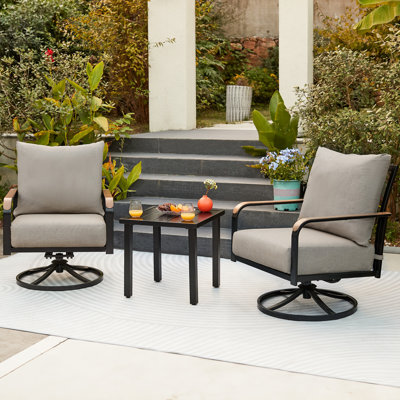 3-Piece Modern Outdoor Conversation Set with Swivel Rocking Chairs and Coffee Table, Featuring 6" Thick Cushions