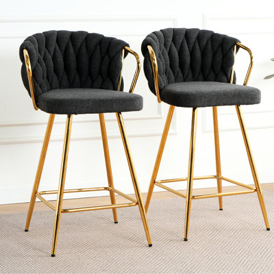 Tabourets de bar en lin gris foncé à pieds dorés (2). Moderne pour la cuisine et la salle à manger. Ergonomique, lignes lisses, dispersées, siège gris facile à nettoyer, pieds, caractéristique, café