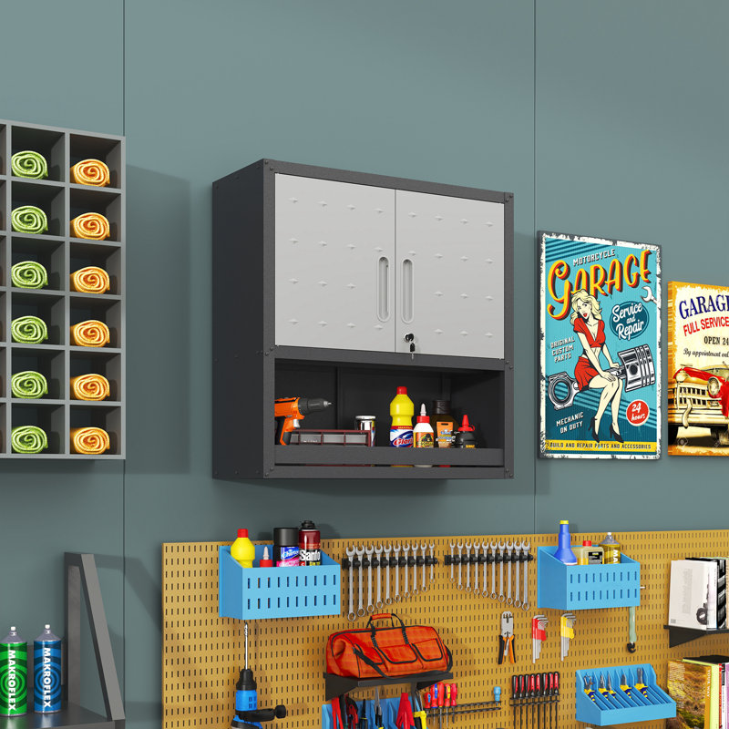 Armoire de rangement murale en métal avec porte verrouillable et tablette ouverte