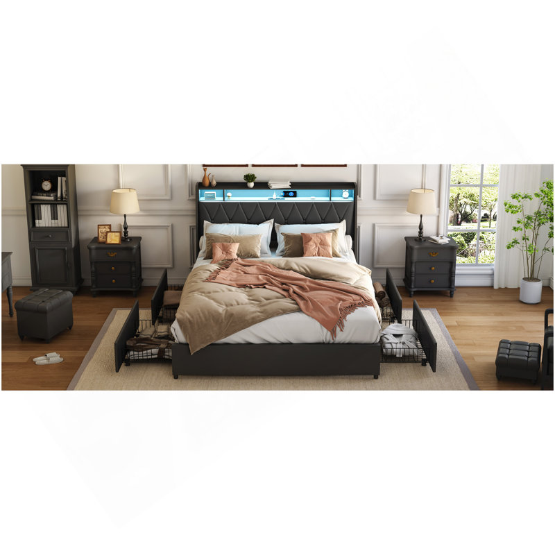 Cadre de grand lit avec tête de lit ergonomique, cadre de lit plateforme grand avec prises de courant DEL, cadre de lit grand avec tablette de rangement, silencieux, aucun sommier nécessaire