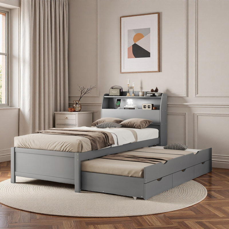 Lit plateforme en bois avec lit gigogne, tête de lit, tiroirs, prises à DEL et prises USB, Gris, Lit simple