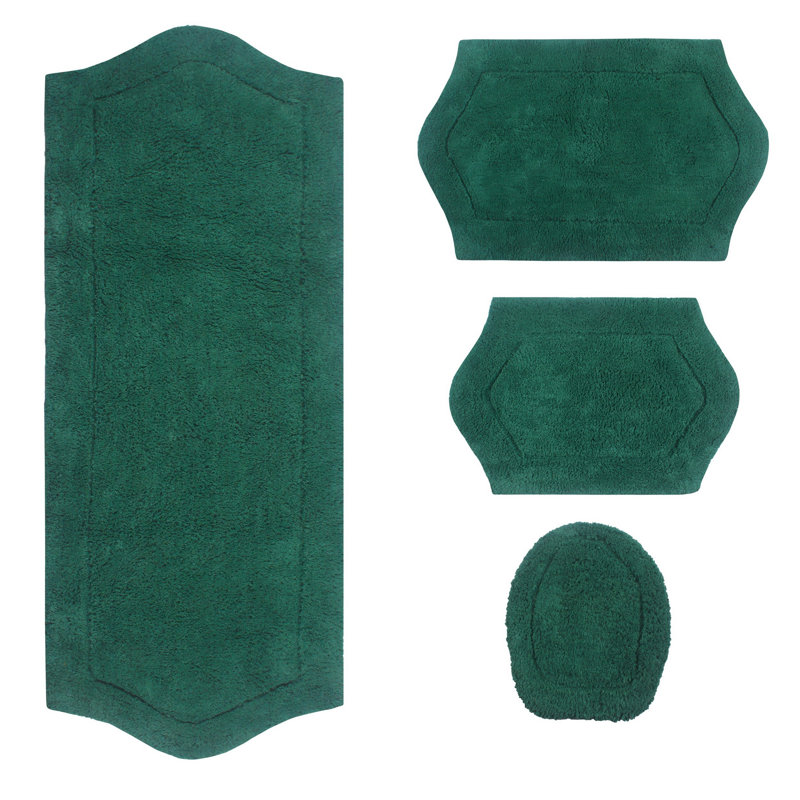Delean 100% Cotton Bath Rug, Non-Slip, Quick Dry, Machine Washable, Absorbent - 4 Piece Set, Forest Green