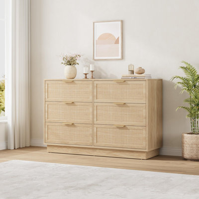 Commode 6 tiroirs en rotin avec corps et pieds intégrés, commode en bois pour la chambre à coucher, le couloir, l'entrée ou le placard, assemblage facile