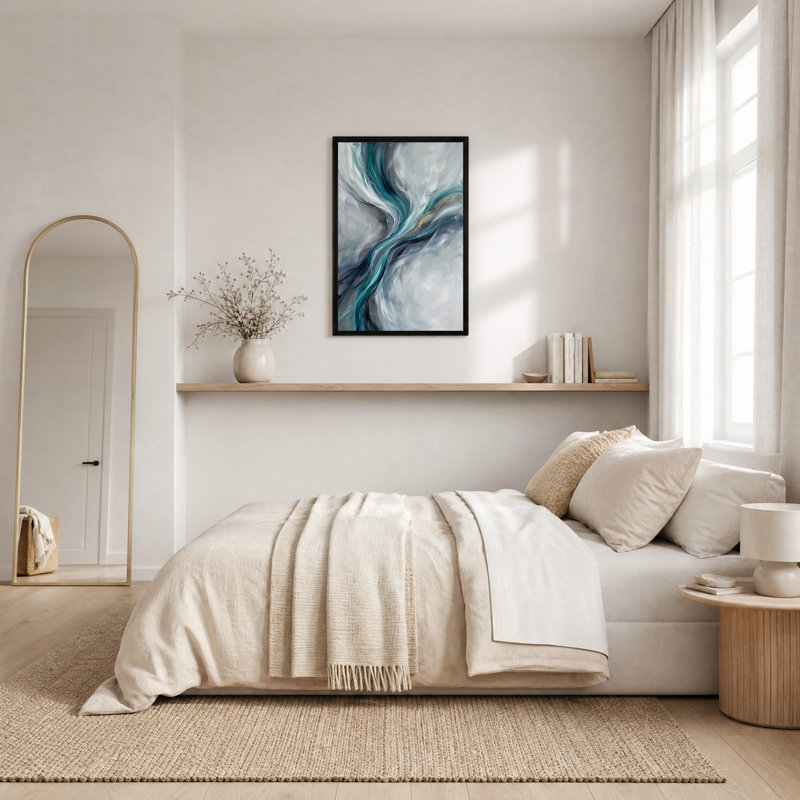 Toile murale abstraite fluide turquoise et grise avec accents dorés, H 24 po x l 16 po