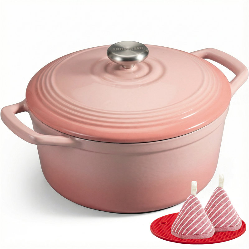 Overmont 5.5 Qt Enameled Cast Iron Dutch Oven With Lid & Accessories – Pink Cookware For Baking, Roasting & Stews, Pink 