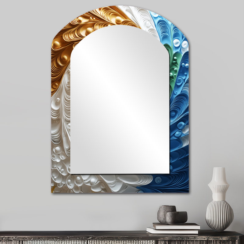 Jaune et bleu fractal kaléidoscope rêves II - grand miroir mural asymétrique spirales abstraites, miroir décoratif arche jaune, impression d'art en métal