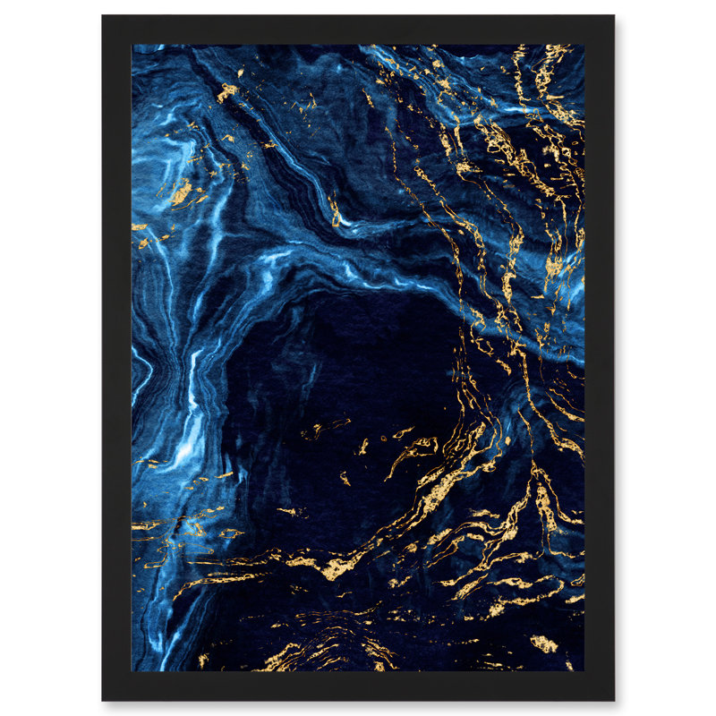Abstract Dark Blue Gold Water Modern - Single Picture Frame Print