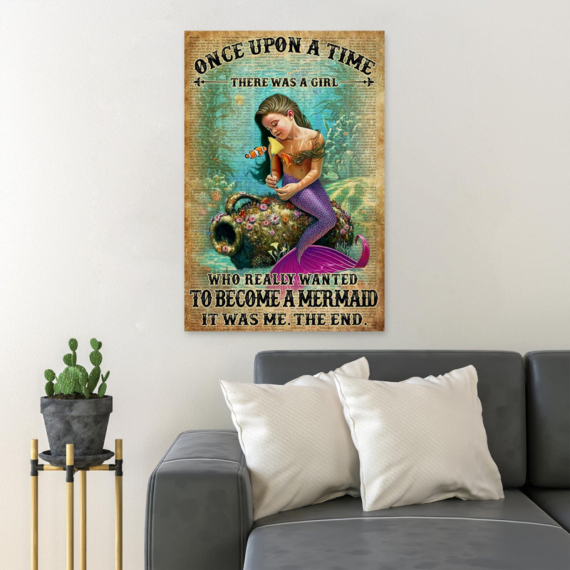 «Mermaid With A Fish Once Once A Time», reproduction d'art graphique sur toile tendue 1 pièce, H 14 po x l 11 po x P 2 po