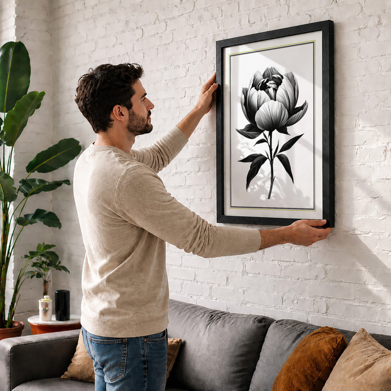 Peony Study Botanical - Framed Print, A1 - 84.1 x 59.4 cm, Black