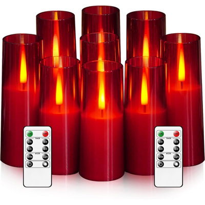 Set Of 9 Red Flickering Flameless Candles