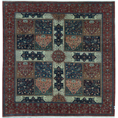 Tapis carré bleu, rouge et vert noué à la main de haute qualité