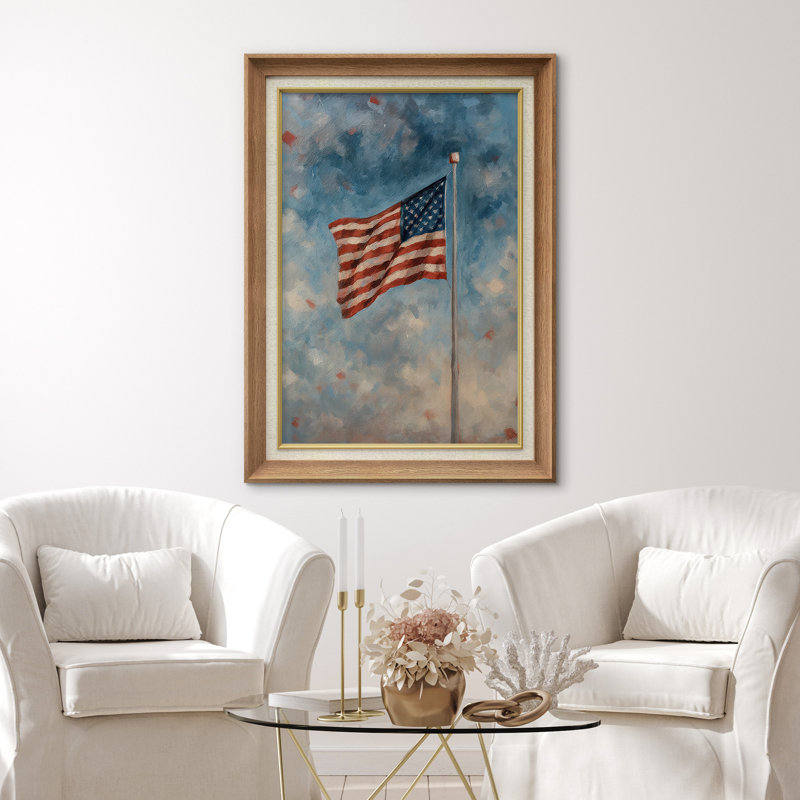 «American Flag on Pole Against Soft Clouded Sky», reproduction d'art sur toile encadrée, Cadre naturel de qualité supérieure