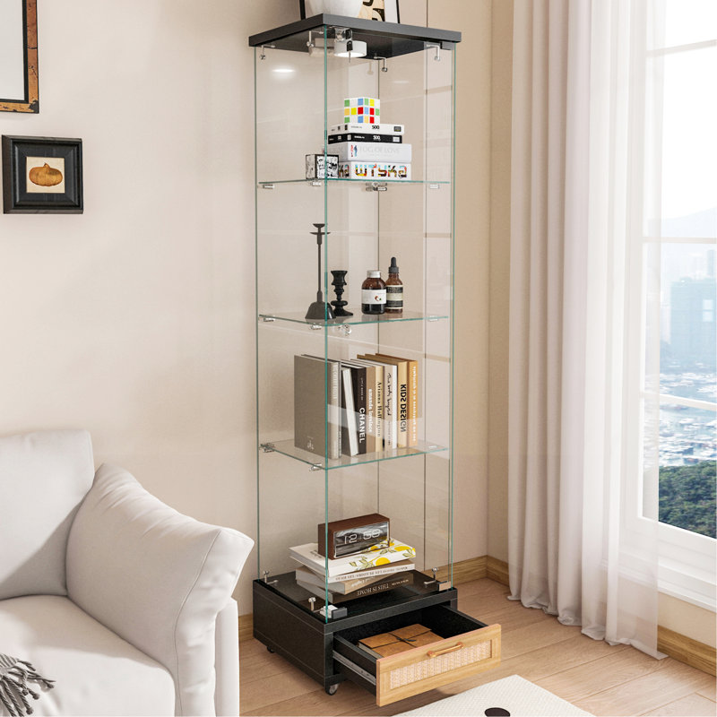 Vitrine en verre avec tiroir, armoire d'appoint avec lumières DEL, armoire de rangement à 1 porte avec tablettes, Noir