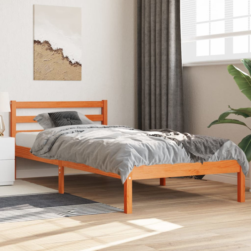 Sadye Solid Wood Open-Frame Bed, Small Double (4'), Wax Brown, No