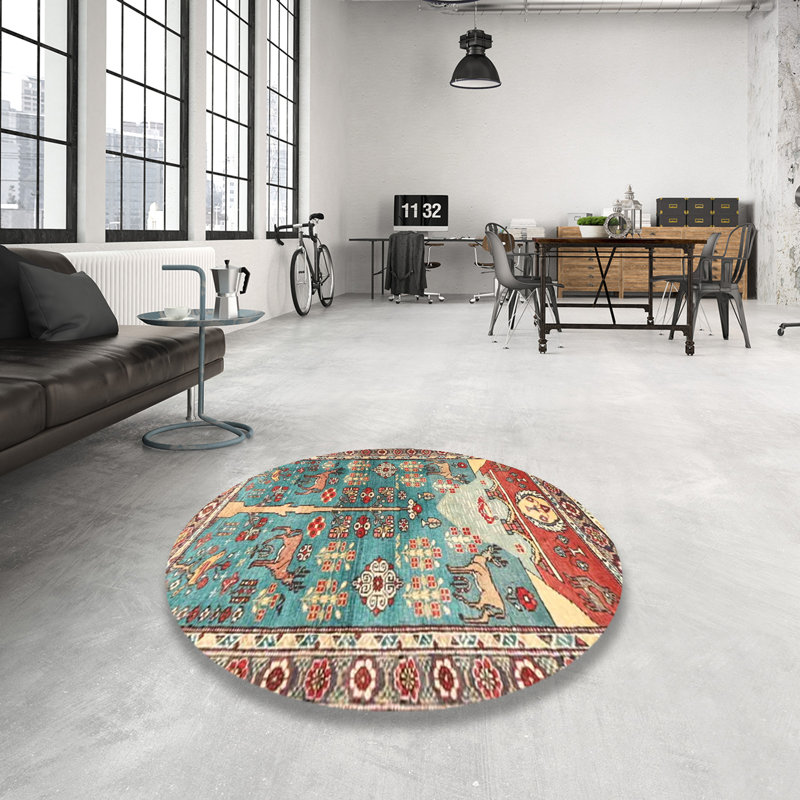 Tapis oriental turquoise / orange / brun, Rond 7 pi