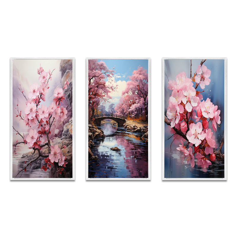 Asian Art Cherry Blossom - Ensemble de 3 pièces, Cadre blanc, H 32 po x l 48 po
