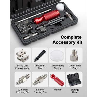 Ensemble d'outils d'évasement de conduite de frein, outil simple et double évasé à 45 ° pour tubes en cuivre de 3/16 po, 1/4 po - avec 2 matrices de formage, outil d'ébavage et boîte à outils pour la réparation de la conduite hydraulique de frein automobile