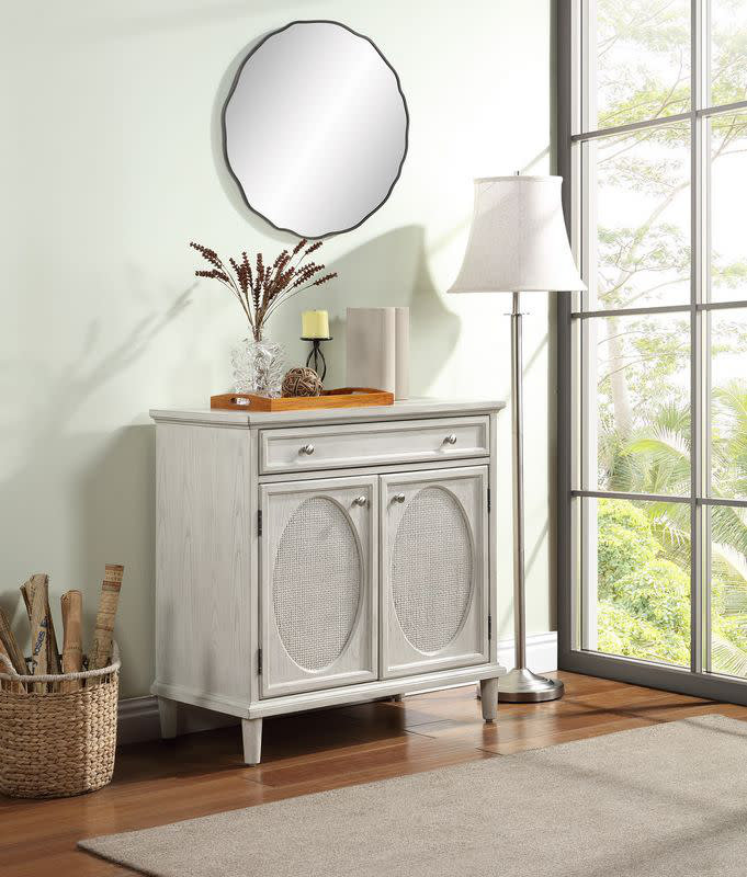Wooden Washed Oval Rattan Front 2 Door And 1 Drawer Geometric Light Gray Room Cabinet With Round Silver Knobs